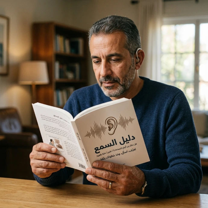 شخص يقرأ كتابًا أو دليلًا تثقيفيًا عن السمع وصحة الأذن وأجهزة السمع، في مشهد يعكس أهمية المعرفة وفهم احتياجات السمع والتعرف على أنواع السماعات الطبية والحلول السمعية قبل اتخاذ القرار المناسب.